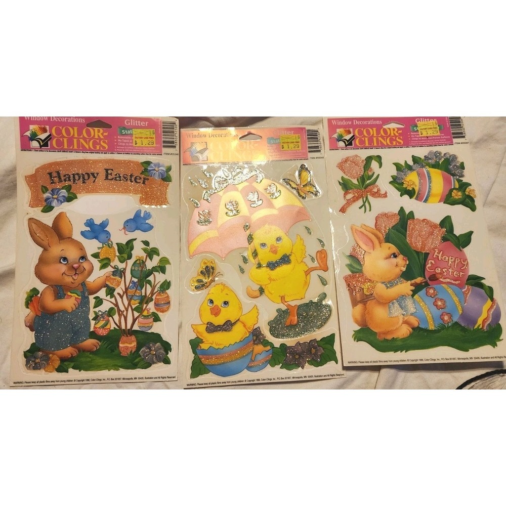 Lot Of 3 New Old Stock Vintage Easter Window Clings Bunnies Ducks Rabbit Spring